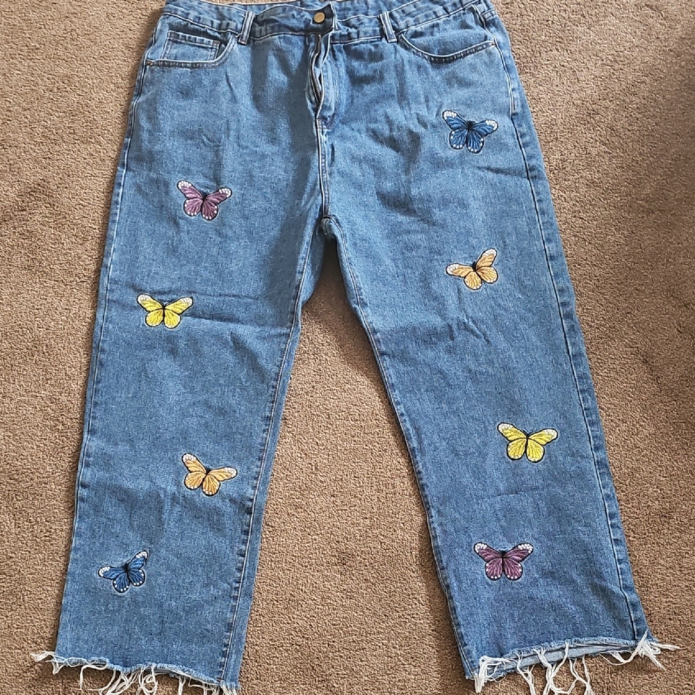 SHEIN Blue Jeans with Embroidered Butterflies